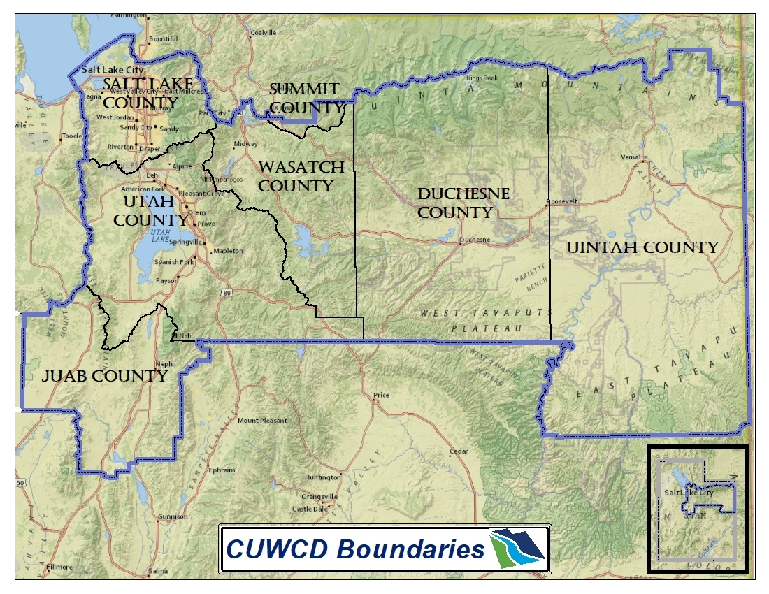 Map of CUWCD Jurisdiction: Juab, Utah, Salt Lake, Wasatch, Summit, Duchesne and Uintah Counties included in the border.