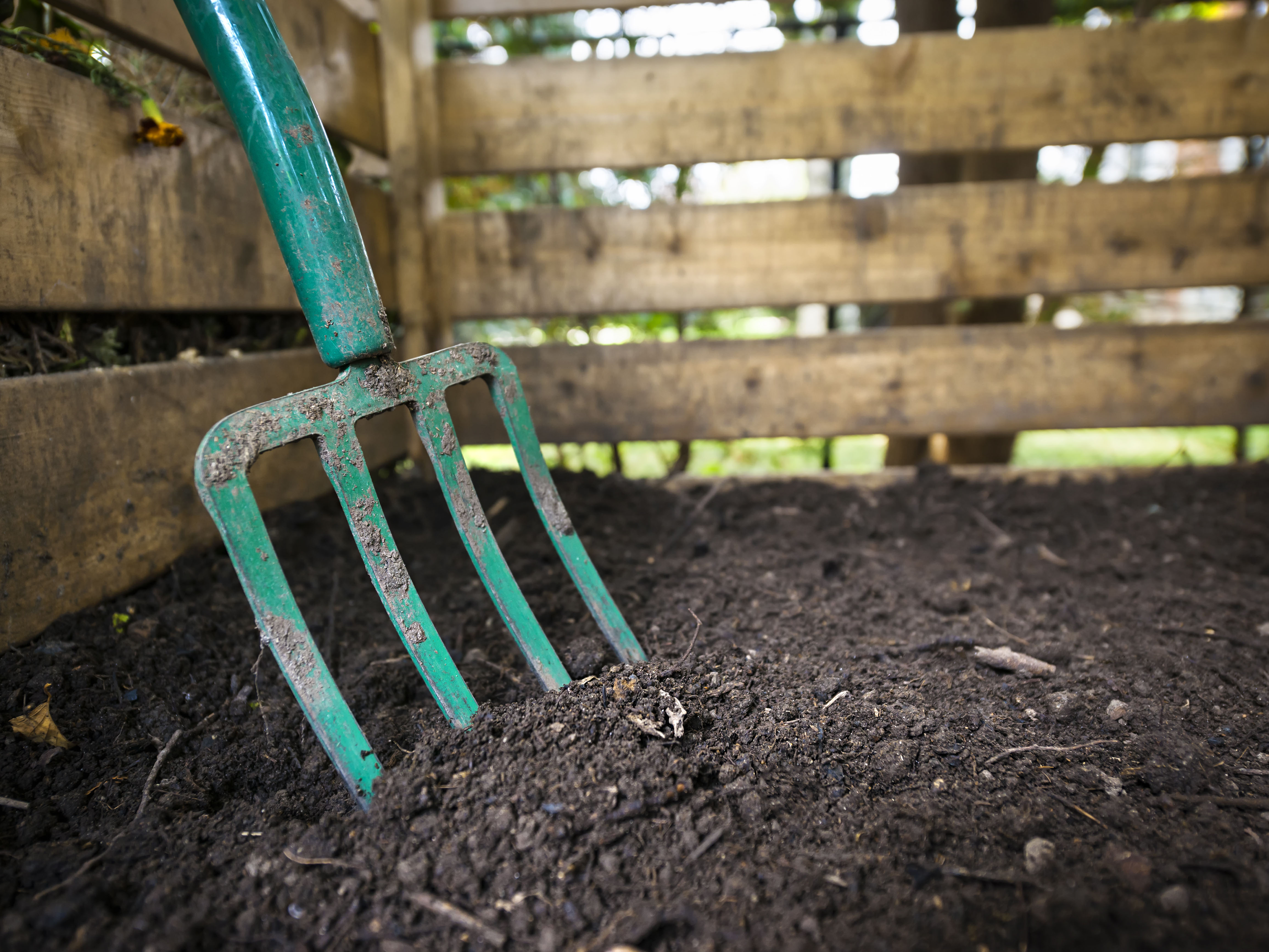 Pitchfork in mulch leaning against a fence